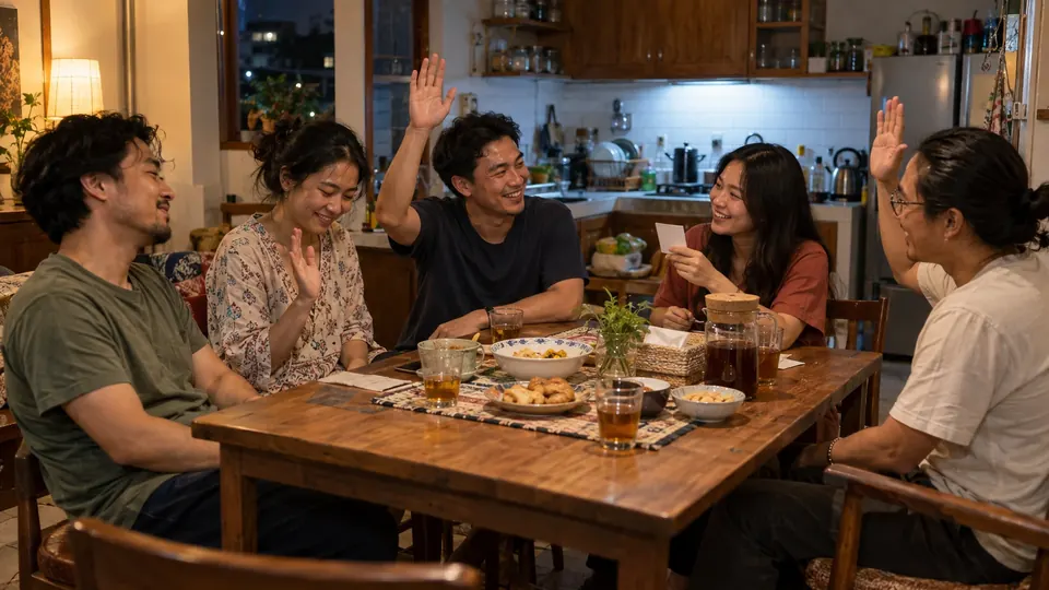 Teman-teman di dapur mengangkat tangan setelah pertanyaan konyol