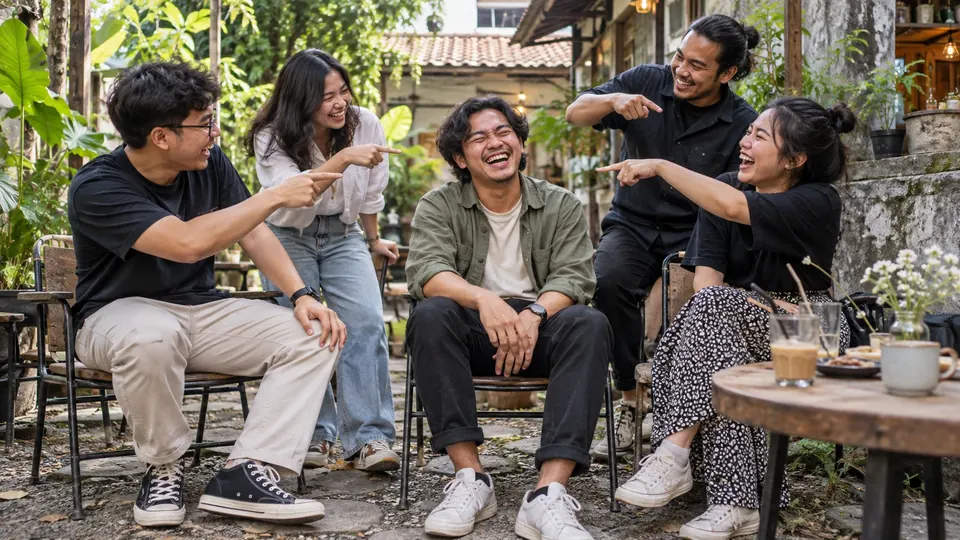 Teman-teman tertawa dan menunjuk satu pemain