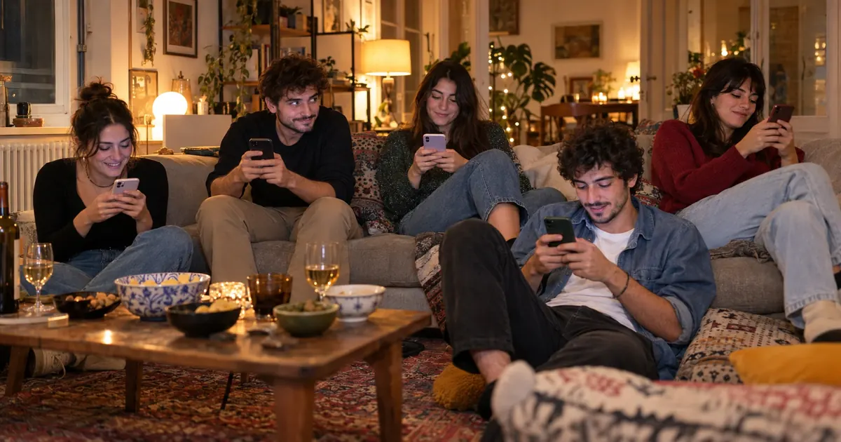 Amici sul divano scelgono ognuno sul proprio telefono
