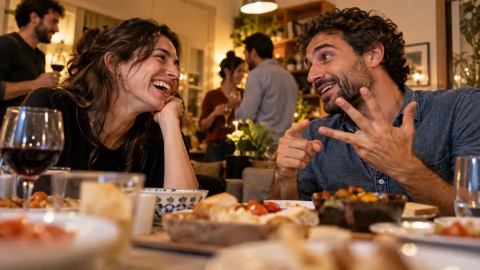 Due amici ridono e discutono su un dilemma