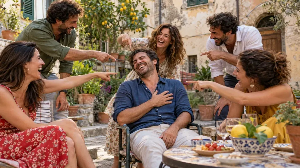 Amici ridono e indicano un giocatore
