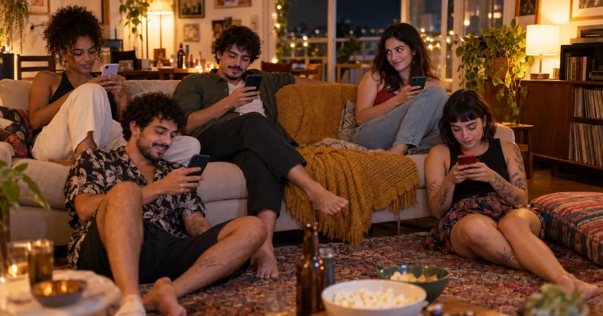 Amigos no sofá escolhem cada um no próprio celular