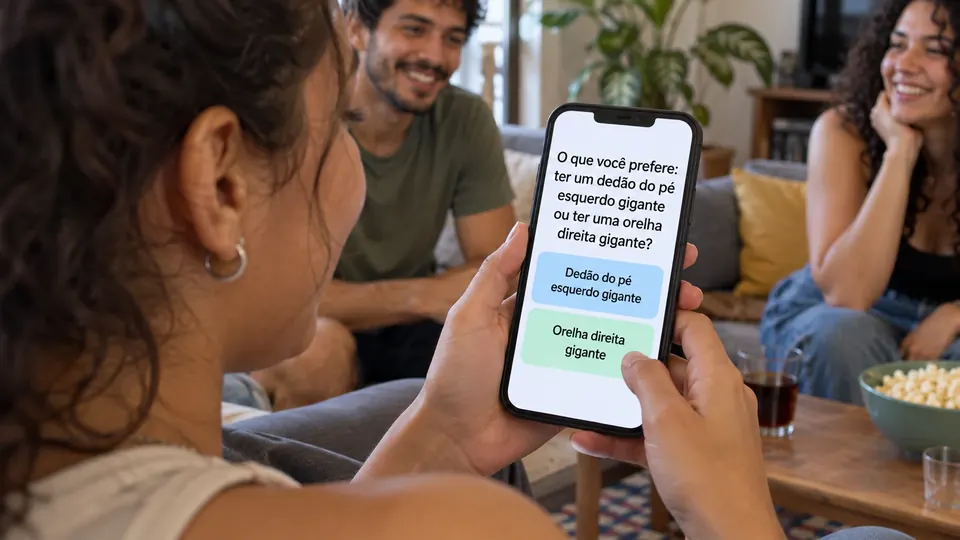 A tela do celular mostra uma pergunta de O que você prefere? com dois botões
