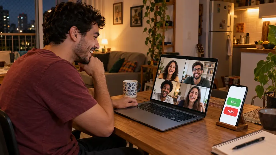Jogando por videochamada: amigos no notebook, respostas no celular