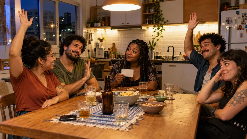 Amigos na cozinha levantam a mão depois de uma pergunta absurda