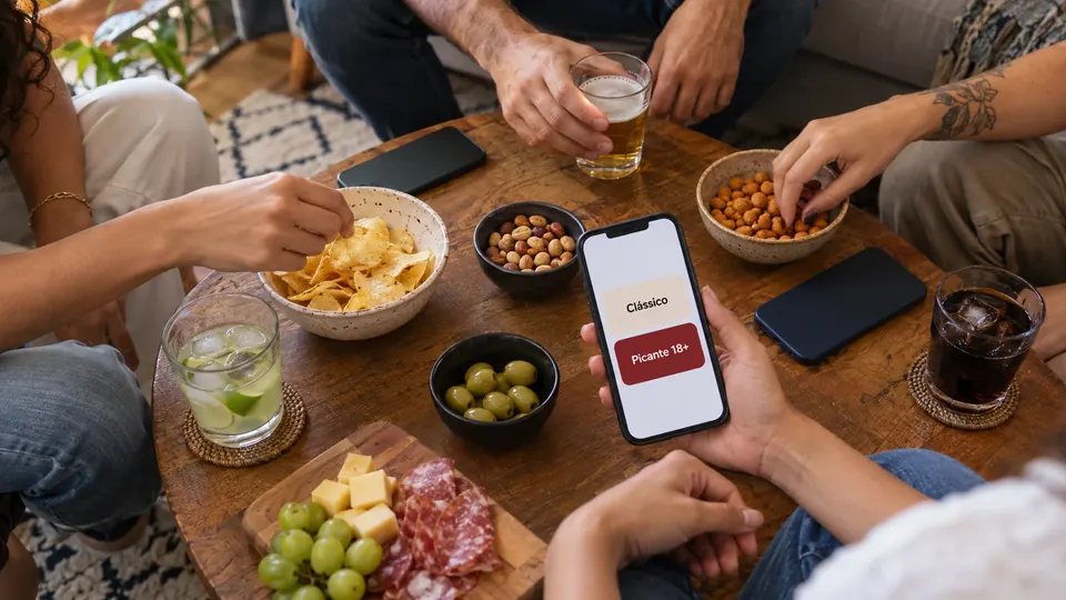 Um celular na mesa mostra os pacotes de perguntas