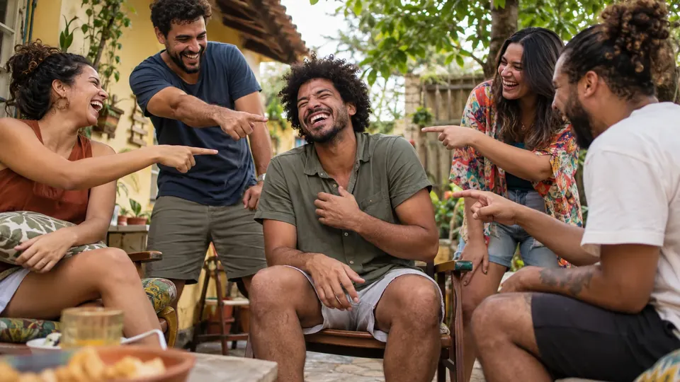 Amigos riem e apontam para um jogador