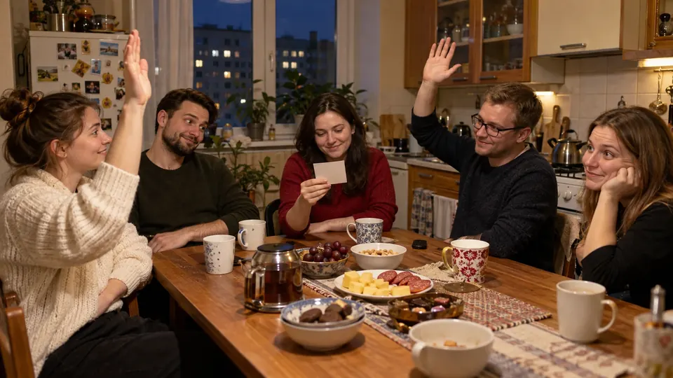 Компания на кухне поднимает руки после странного вопроса