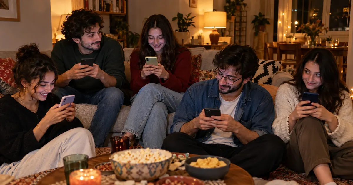 Kanepedeki arkadaşlar herkes kendi telefonundan seçiyor