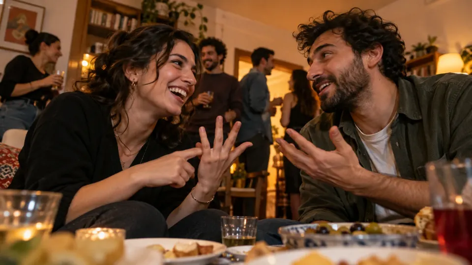İki arkadaş gülerek bir ikilemi tartışıyor