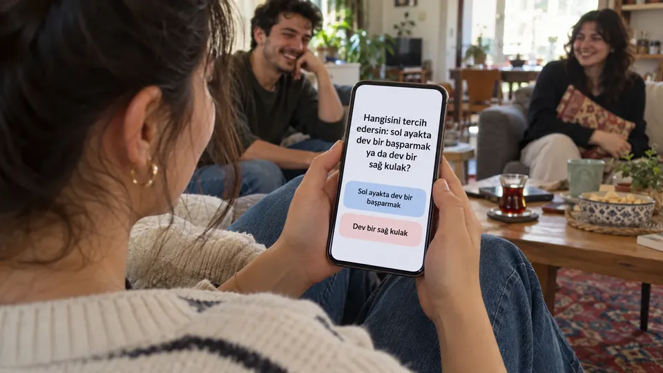 Telefon ekranında iki cevap butonlu bir Hangisini tercih edersin sorusu
