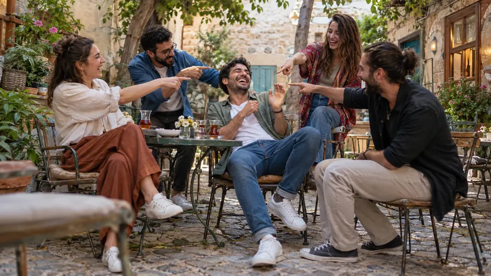 Arkadaşlar gülerek bir oyuncuyu gösteriyor