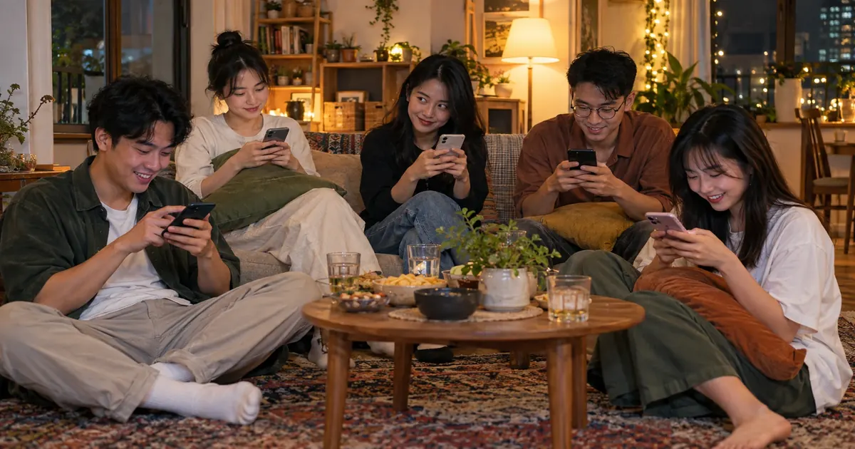 Nhóm bạn trên ghế sofa chọn đáp án trên điện thoại của mình