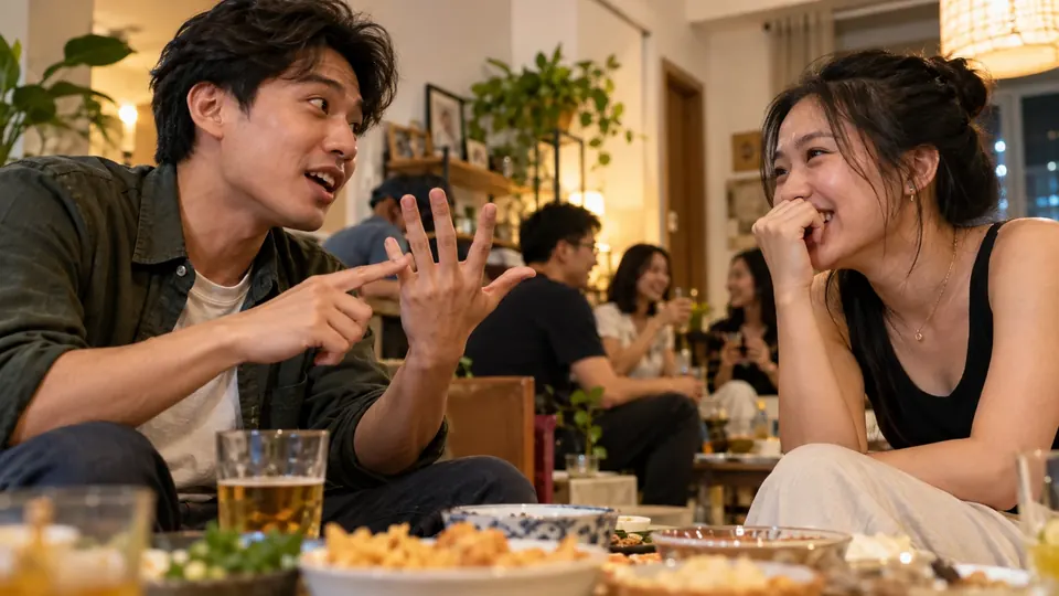 Hai người bạn cười và tranh luận về một tình huống khó chọn