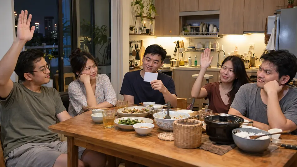 Nhóm bạn trong bếp giơ tay sau một câu hỏi kỳ quặc