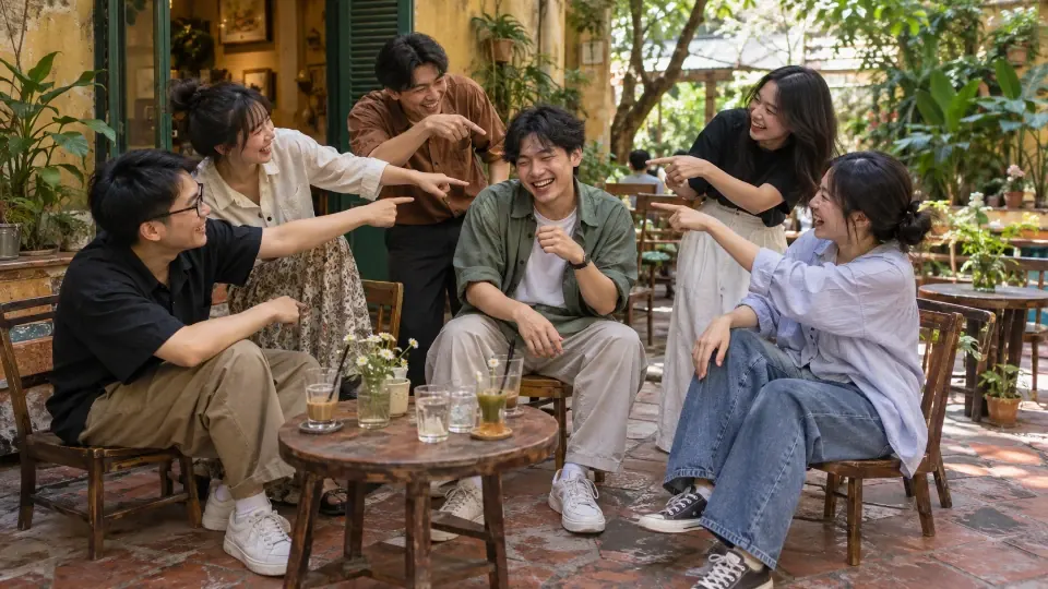 Nhóm bạn cười và chỉ vào một người chơi