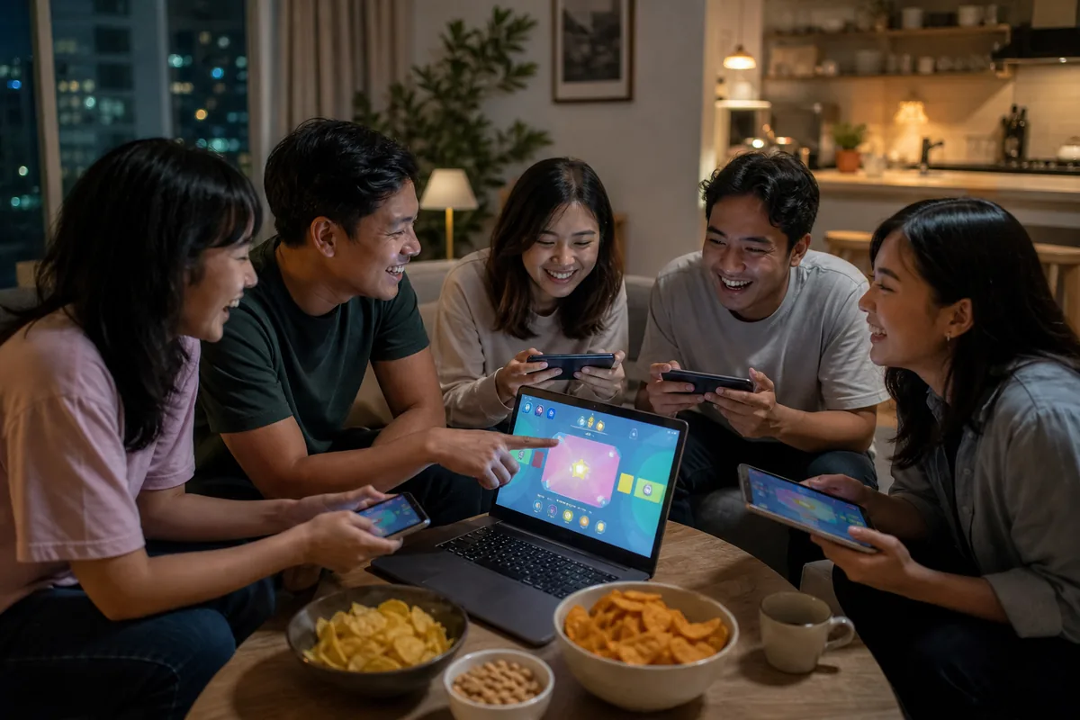 Sekelompok teman Indonesia tertawa sambil bermain game pesta di browser