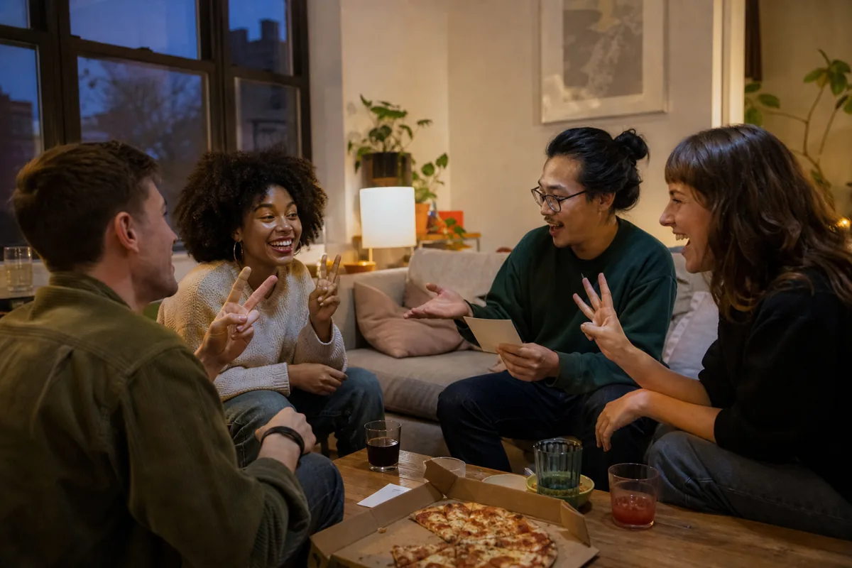 Vier erwachsene Freunde spielen Ich hab noch nie am Wohnzimmertisch