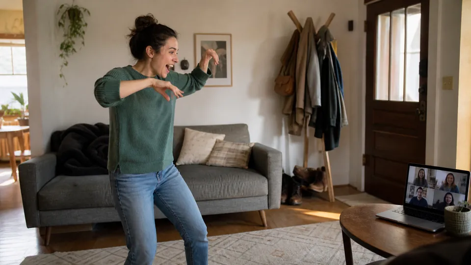 A player acting out charades during a video call with friends