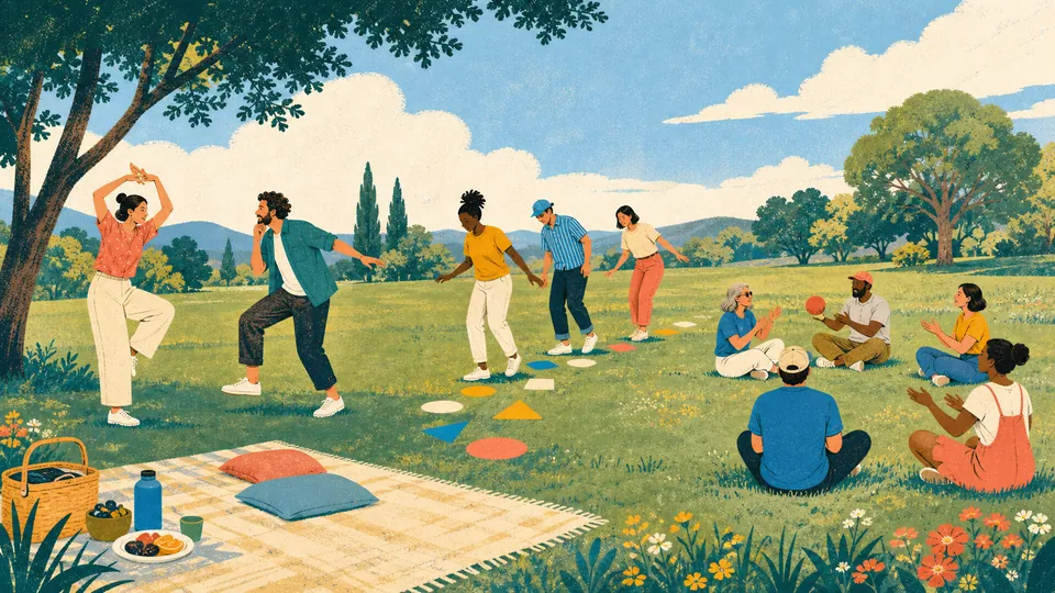 Groep speelt ontspannen buitenspellen