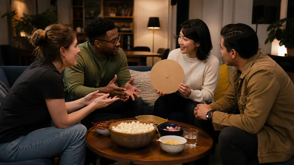 Friends playing a spectrum guessing game in a living room