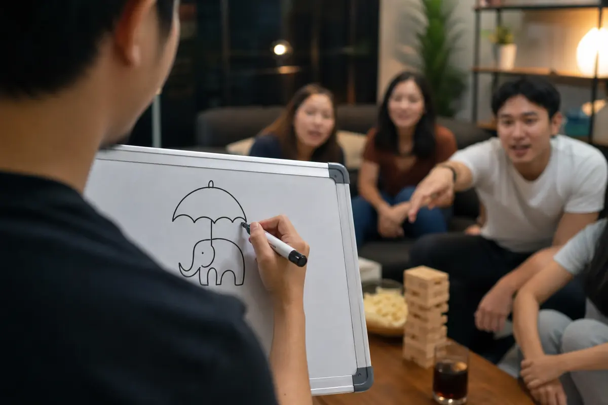 มือกำลังวาดรูปง่าย ๆ บนกระดานสีขาว