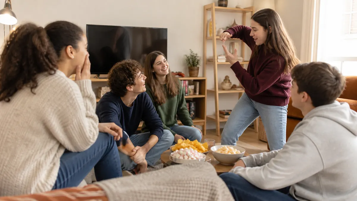 Adolescents jouant à Action ou vérité dans un salon