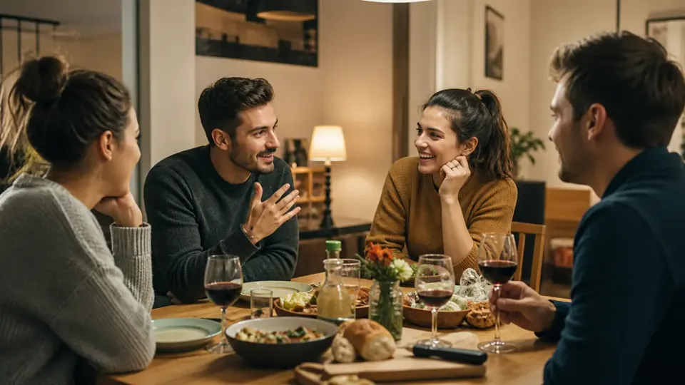 Baráti társaság beszélget egy otthoni vacsorán