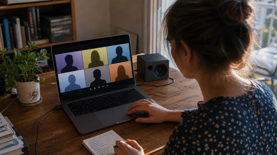 Une animatrice prépare un blind test avec un ordinateur portable
