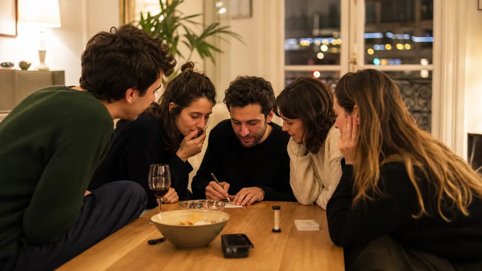 Amis écoutant un extrait musical et notant leurs propositions
