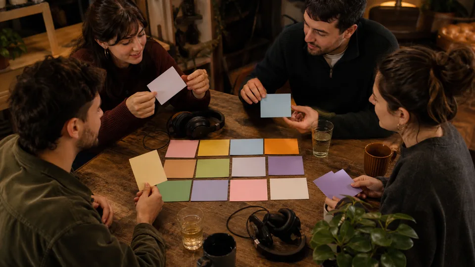Groupe d’amis choisissant des thèmes musicaux sur des cartes