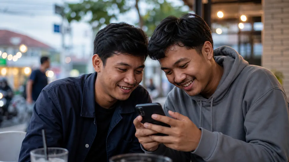 Dua teman Indonesia mengecek caption lucu di layar ponsel