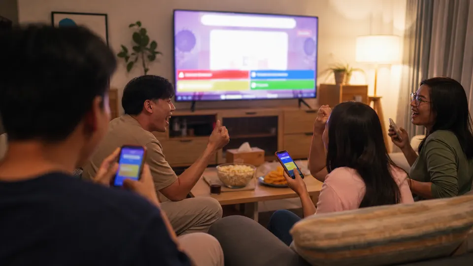 Grup teman Indonesia tertawa di meja makan