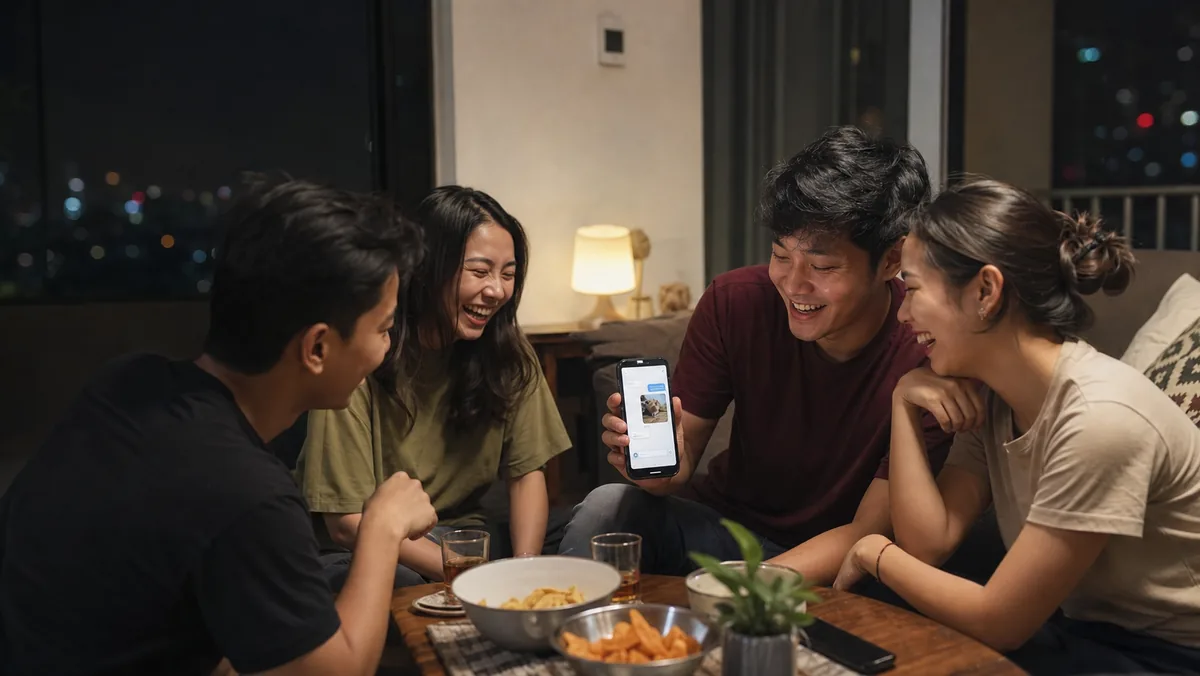 Teman-teman Indonesia tertawa sambil melihat foto di ponsel