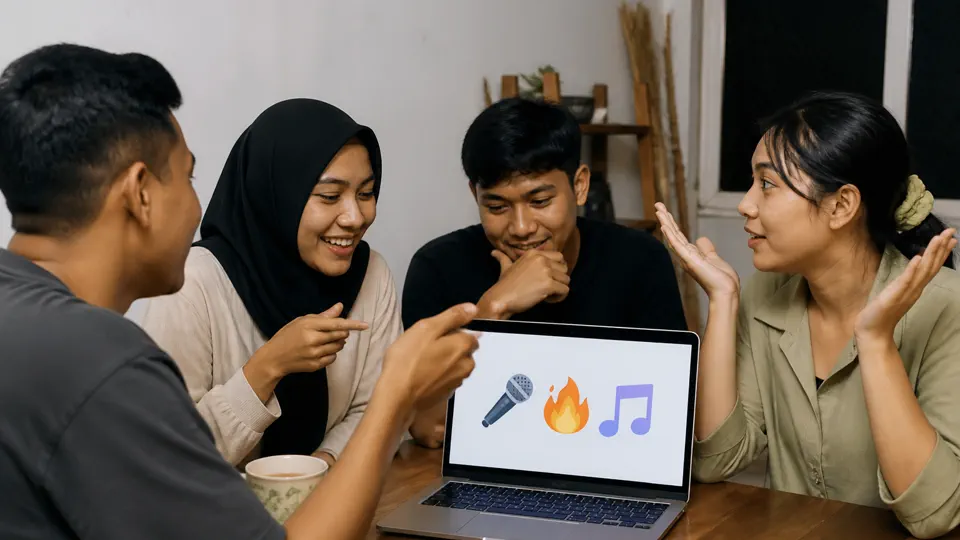 Teman Indonesia memilih foto di layar laptop yang terlihat jelas
