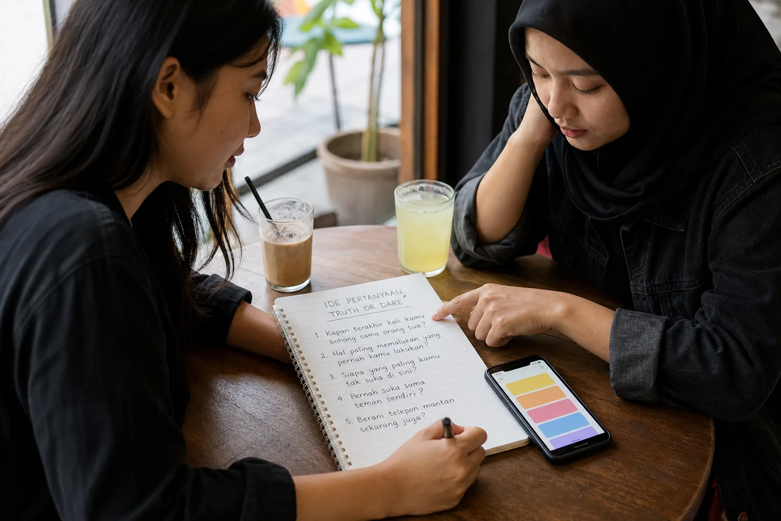 Dua teman Indonesia menyiapkan daftar pertanyaan di ponsel