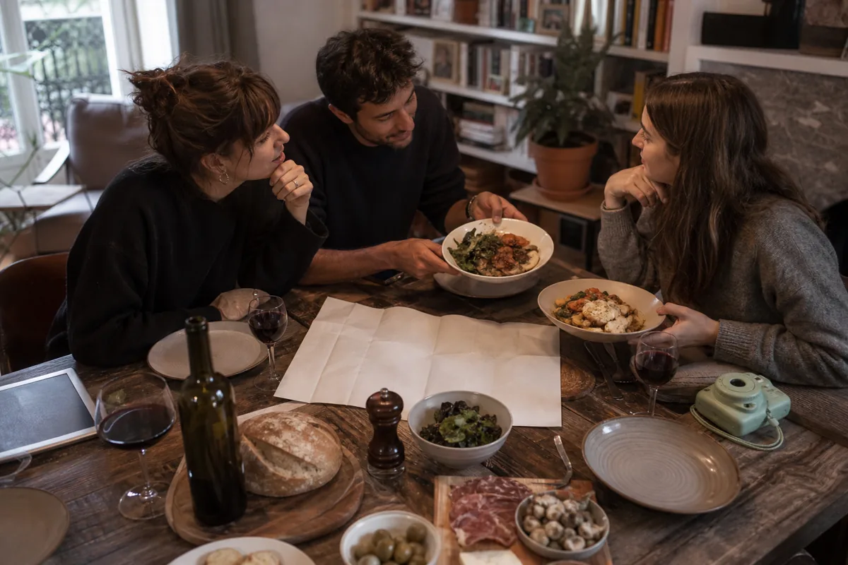 Amis comparant repas et voyages