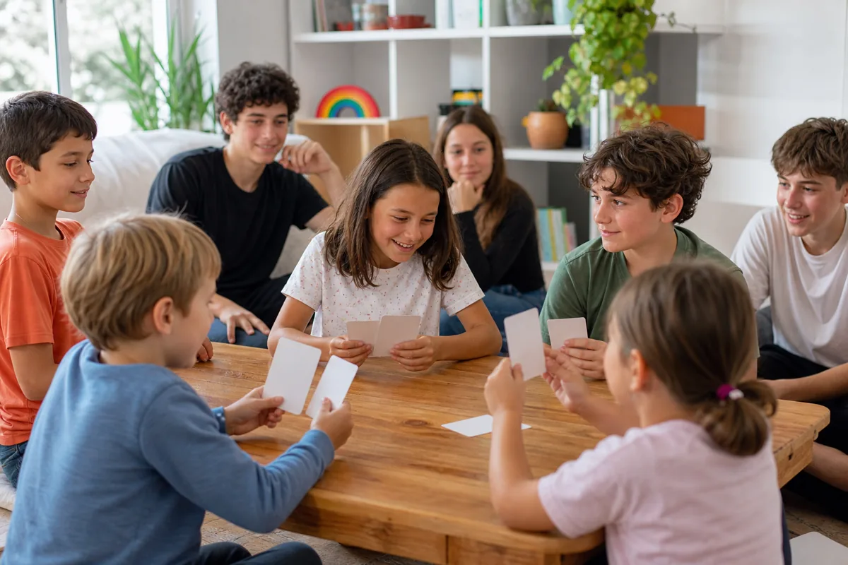Enfants et ados jouant avec des cartes