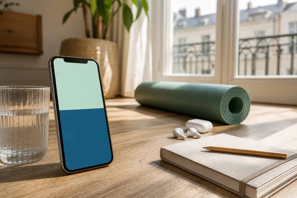 Téléphone, écouteurs et tapis de yoga