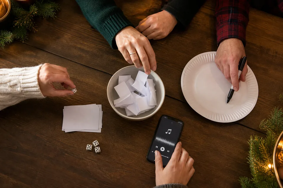 Hands choosing paper slips, dice, music, and a drawing game