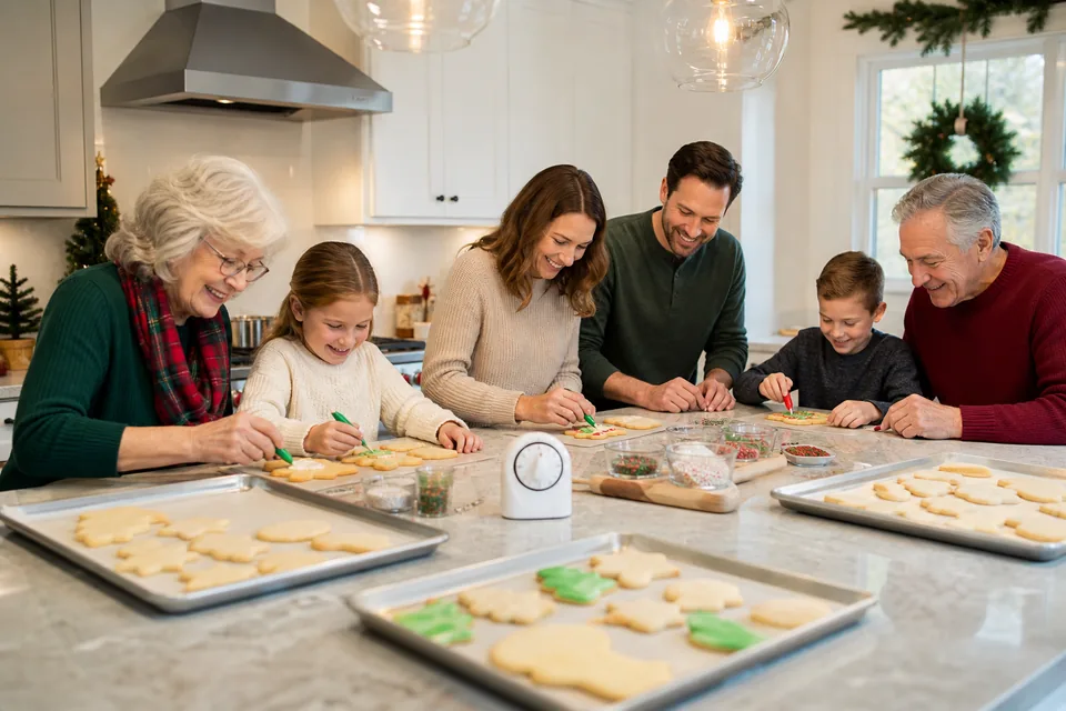 Multigenerational family decorating Christmas cookies against a timer