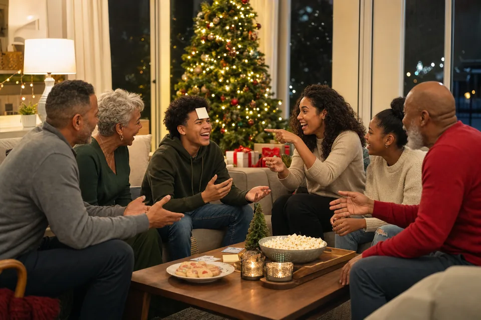 Family and friends playing a guessing game beside a Christmas tree