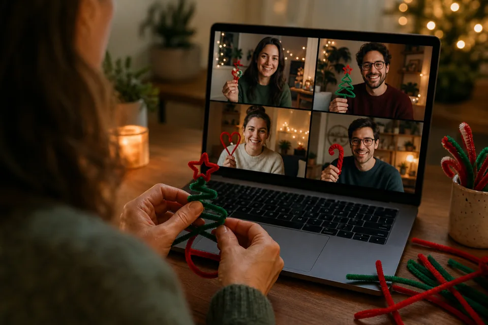 Remote party guest shaping a pipe-cleaner tree on a video call