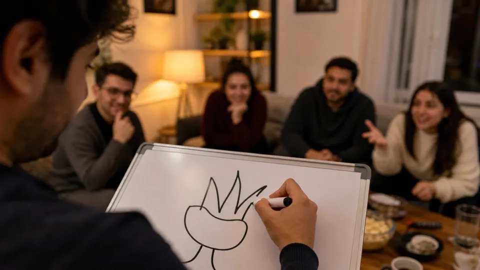 Oyuncu beyaz tahtaya hızlı çizim yapıyor