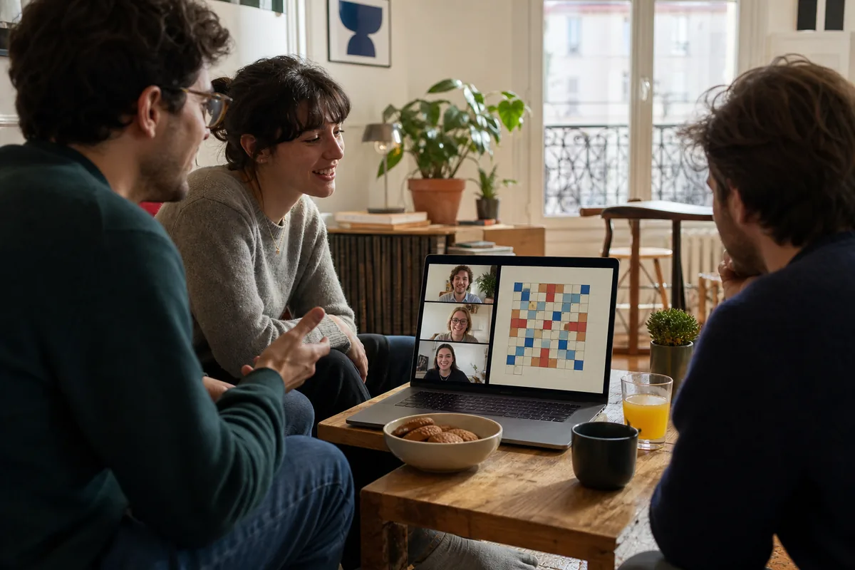 Équipe échangeant par appel vidéo autour d’une grille de mots