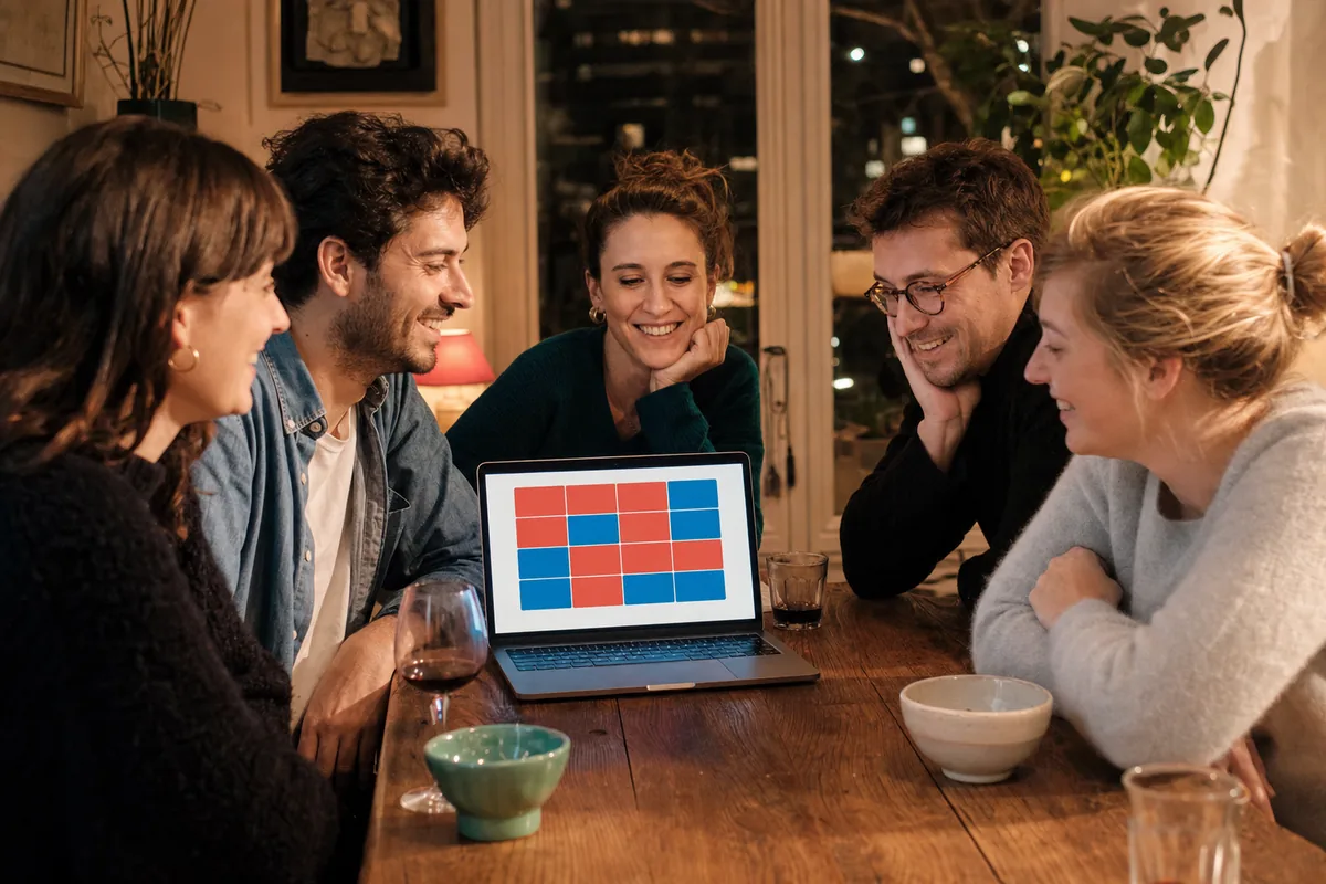 Groupe souriant après une partie de Codenames à distance