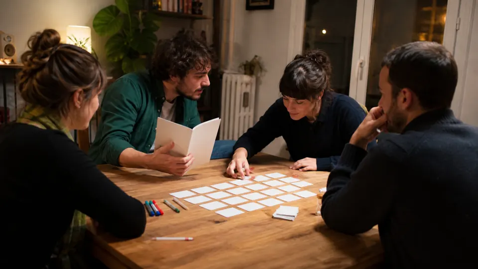 Des amis vérifient les règles de Codenames avant une nouvelle manche
