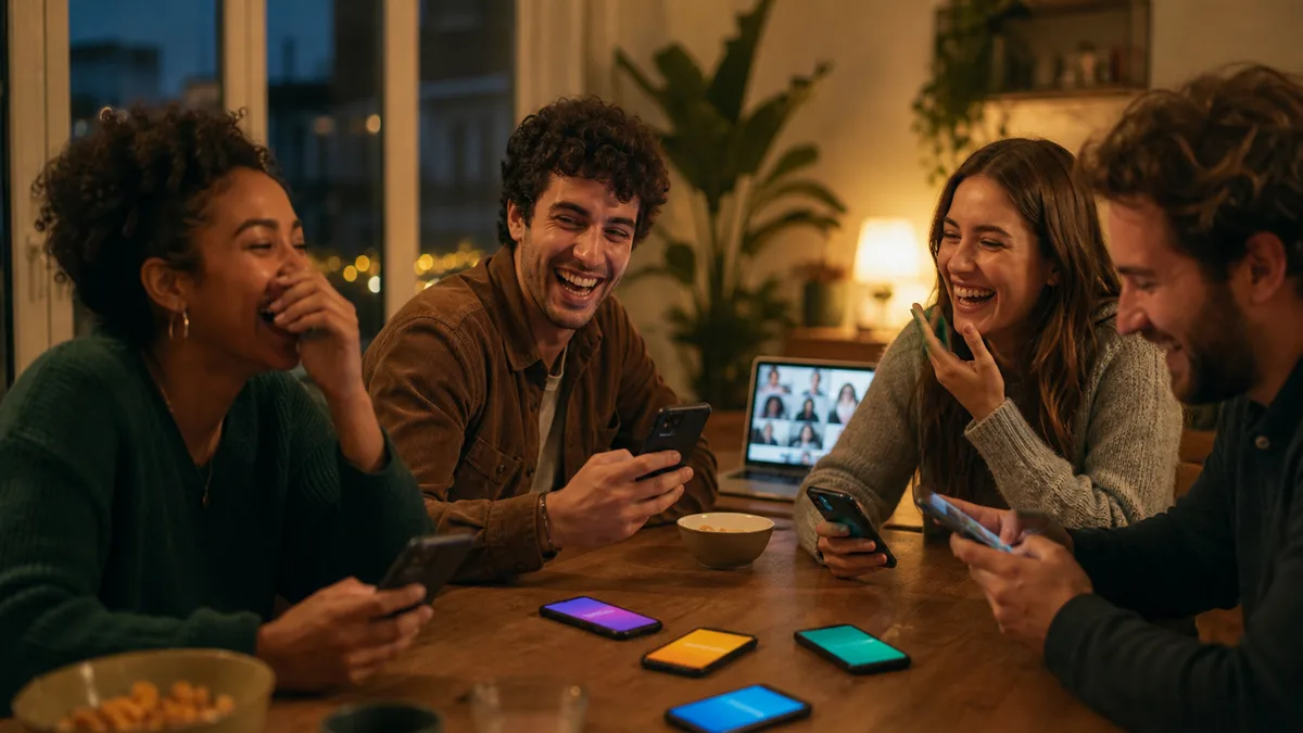 Groupe d’amis français souriant pendant une visio
