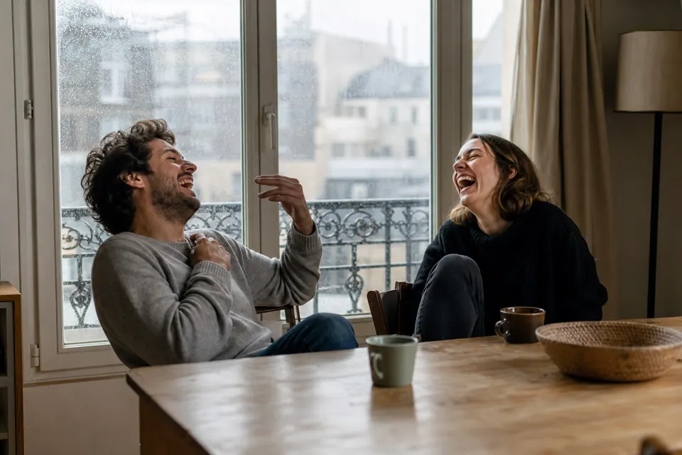 Couple riant pendant une question drôle