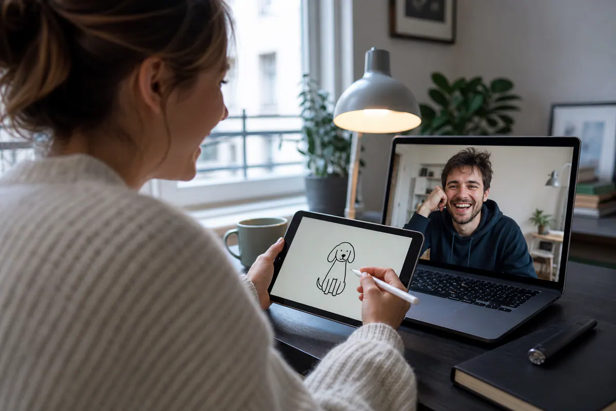 Jeu de dessin en couple pendant un appel vidéo